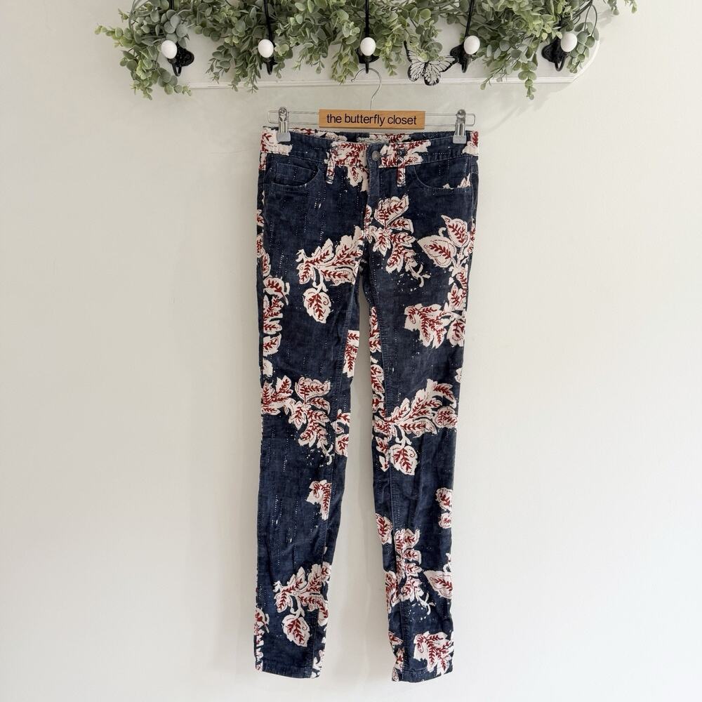 Free People Navy Corduroy Red Floral Pants Size 26 HH5724 low rise